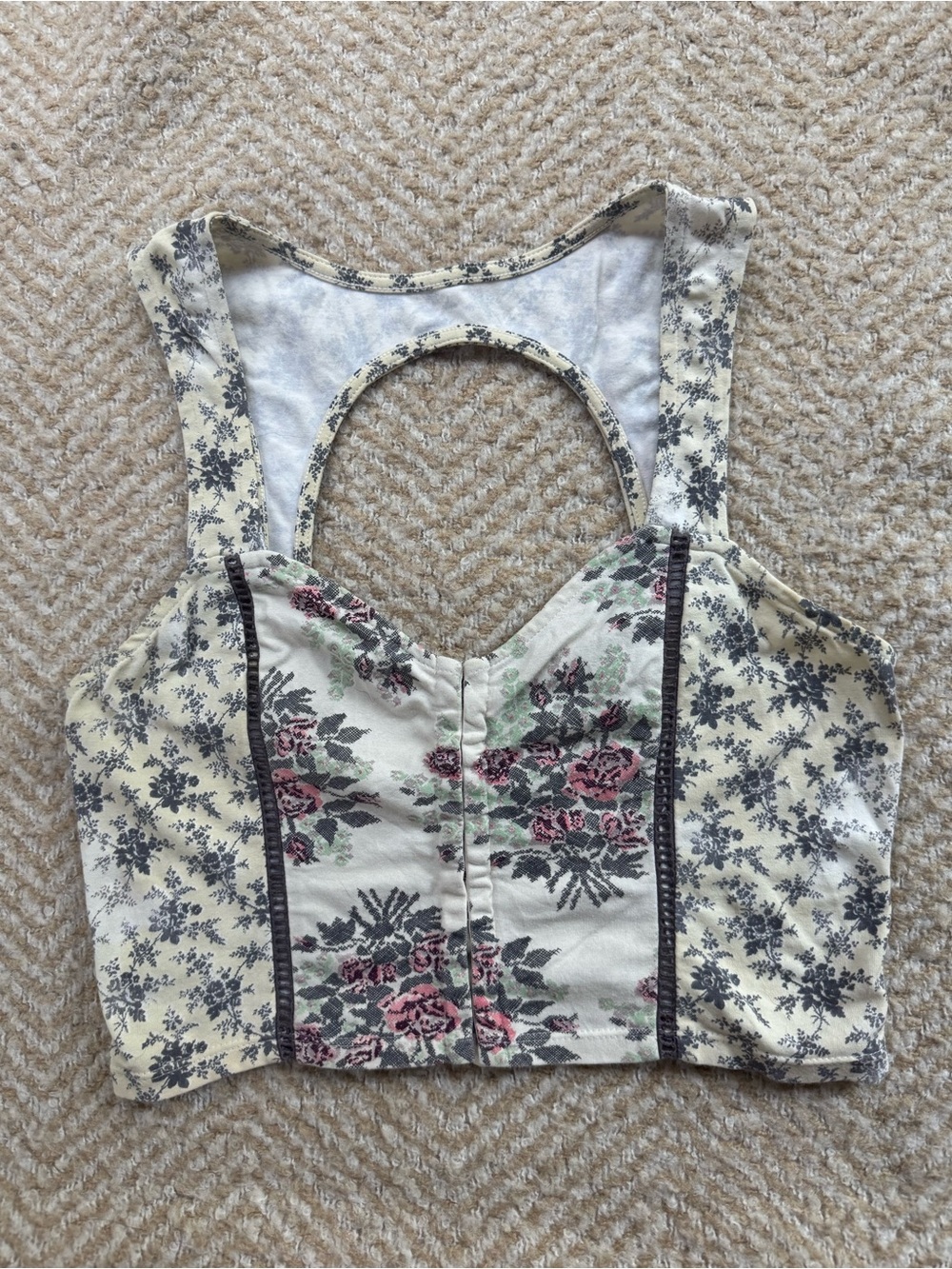 Kimchi Blue Floral Corset Crop Top in Cream, Pink and Green